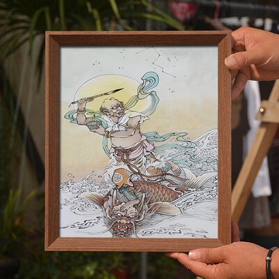魁星点斗画像挂画独站鳌头图魁星踢斗供奉神像摆件桌面相框摆台画
