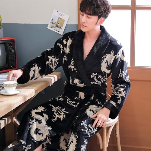 法兰绒睡袍男龙袍秋冬加厚加长款珊瑚绒浴袍女睡衣情侣大码家居服