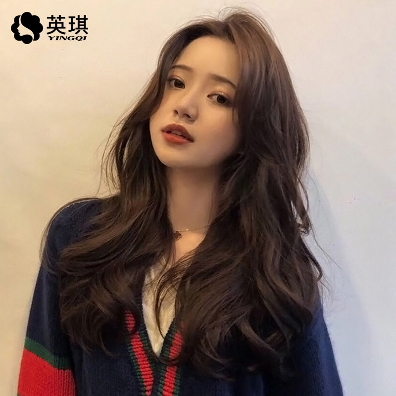 英琪假发女轻薄蕾丝长卷发中分八字刘海真人发丝全头套网红大波浪