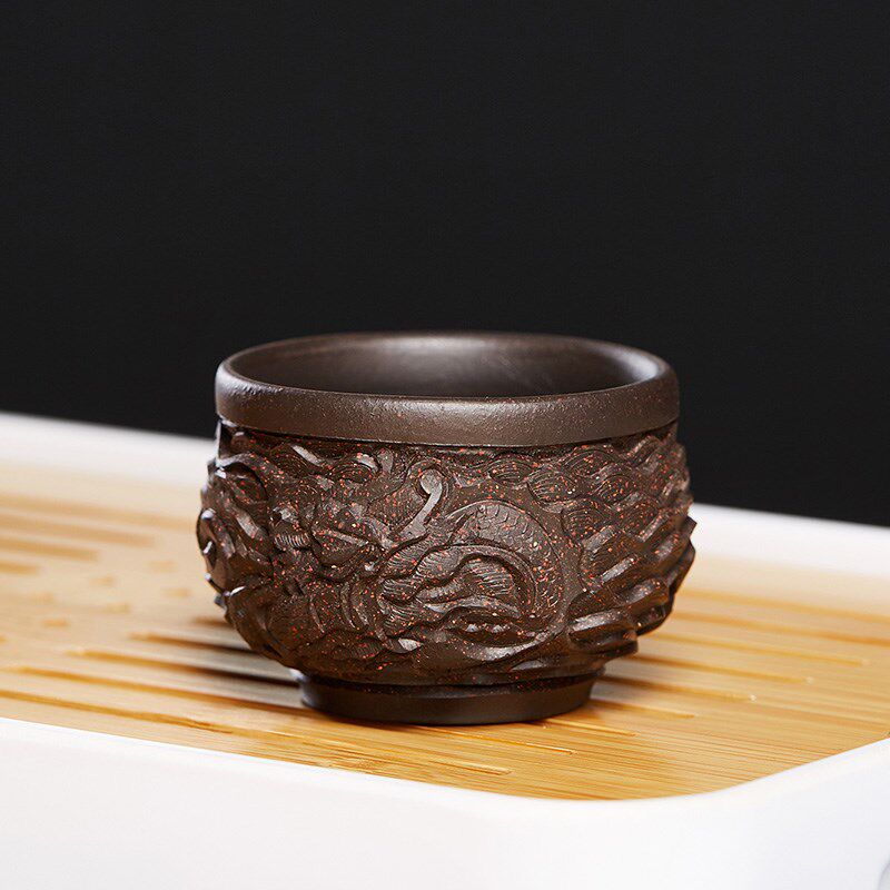 尊壶宜兴紫砂品茗杯黑金砂浮雕单只功夫茶杯主人杯茶盏小茶碗茶具