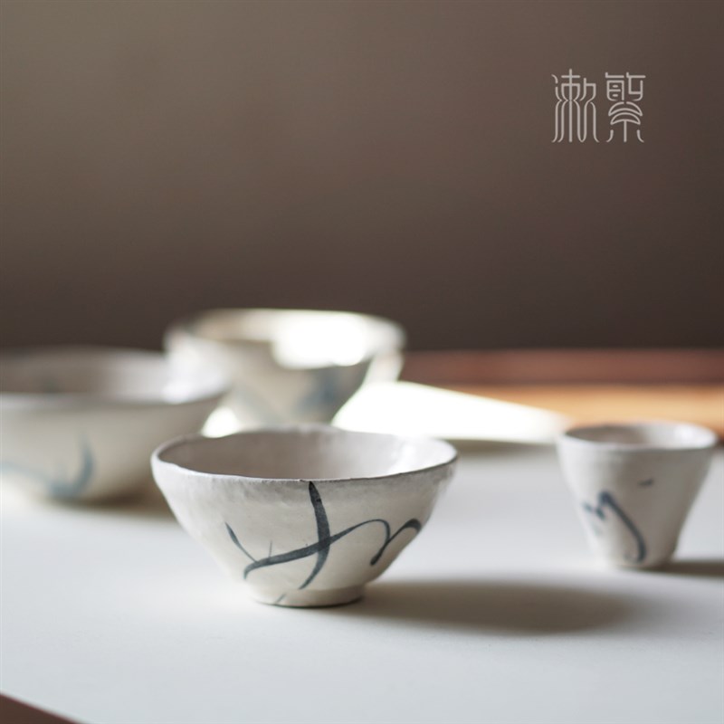 张汝佳】景德镇侘寂风粉引手绘小茶杯 手作日式杯子茶盏可养开片