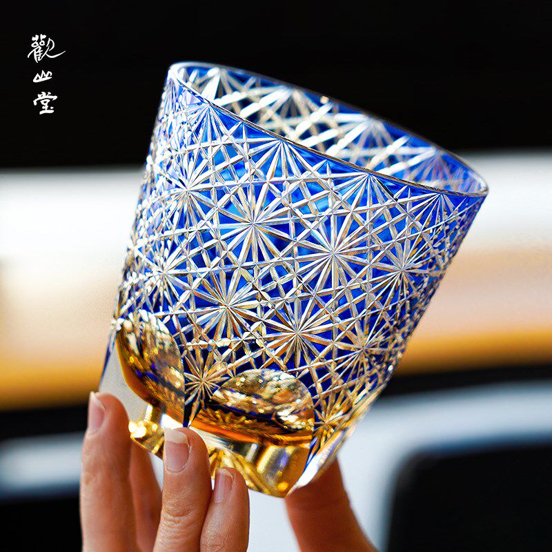 观山堂手工刻花威士忌酒杯无铅玻璃洋酒杯琥珀金闪电纹江户切子杯