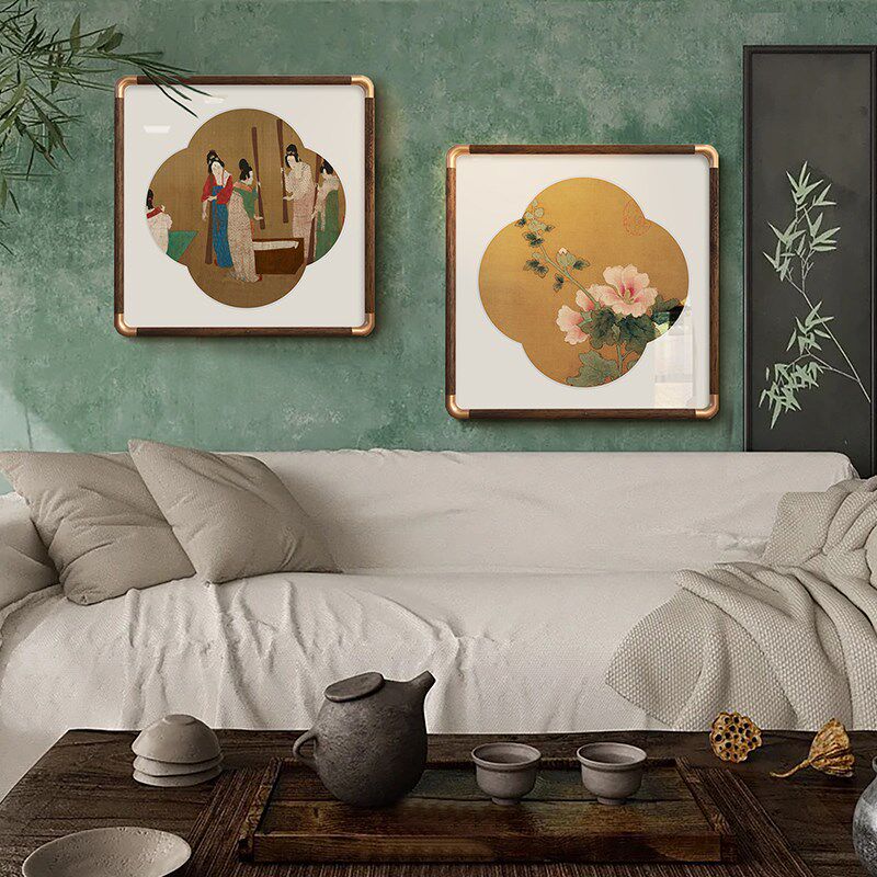 法式中国风客厅装饰画牡丹花新中式沙发背景墙挂画中古风玄关壁画