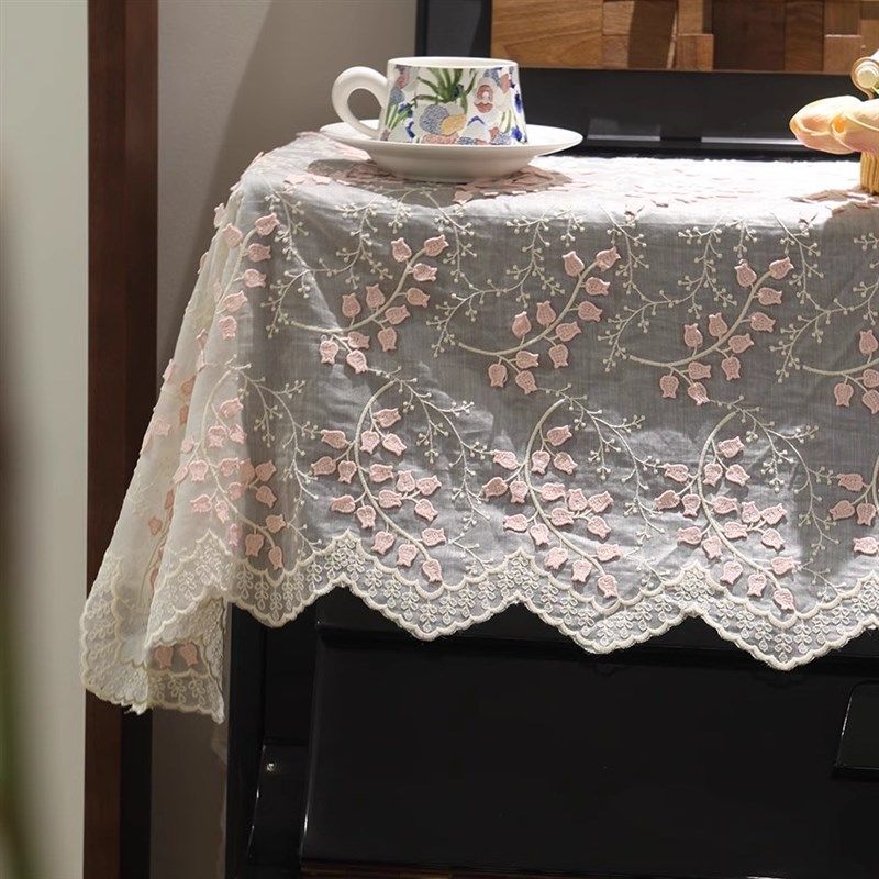 法式复古立体绣粉白色色绣花高级电子钢琴半罩全罩盖布蕾丝琴键布