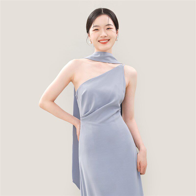 TANSSHOP腰部捏两个褶斜领轻礼服裙伴娘服姐妹裙挂脖飘带生日裙子