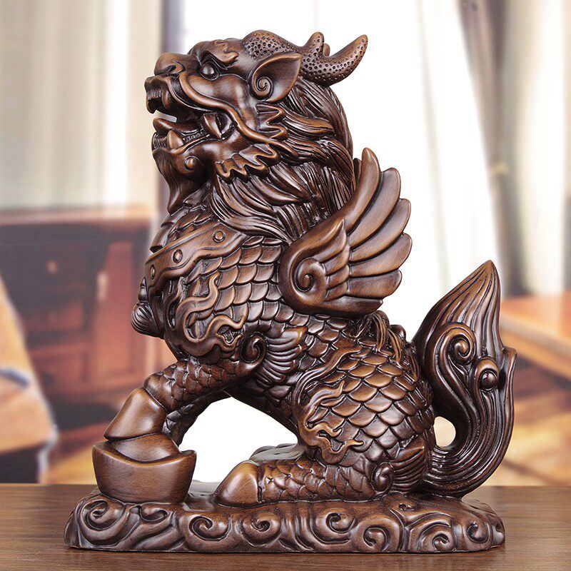 实木雕刻麒麟摆件公母一对新中式手工艺品玄关柜客厅招财旺宅摆设