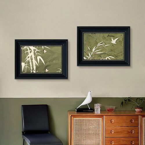 中古风玄关装饰画餐厅背景墙挂画竹子复古油画法式壁画组合高级感