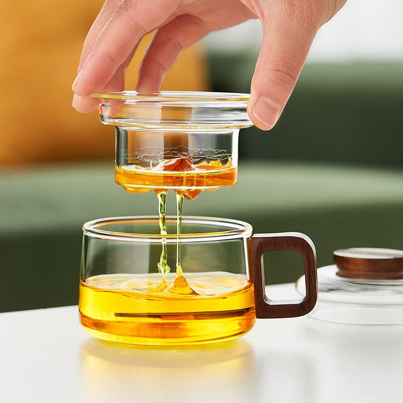 玻璃杯带把手耐高温茶水分离办公室带盖花茶杯迷你小喝水泡茶杯子