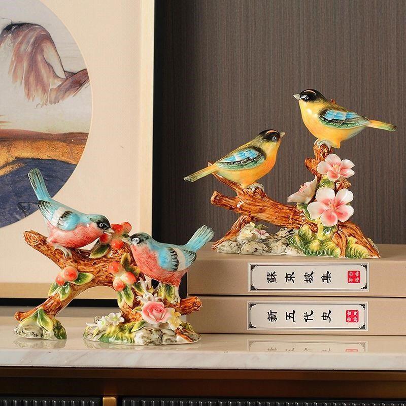 欧式家居装饰品新中式客厅酒柜隔断摆件陶瓷工艺品喜鹊小鸟创意