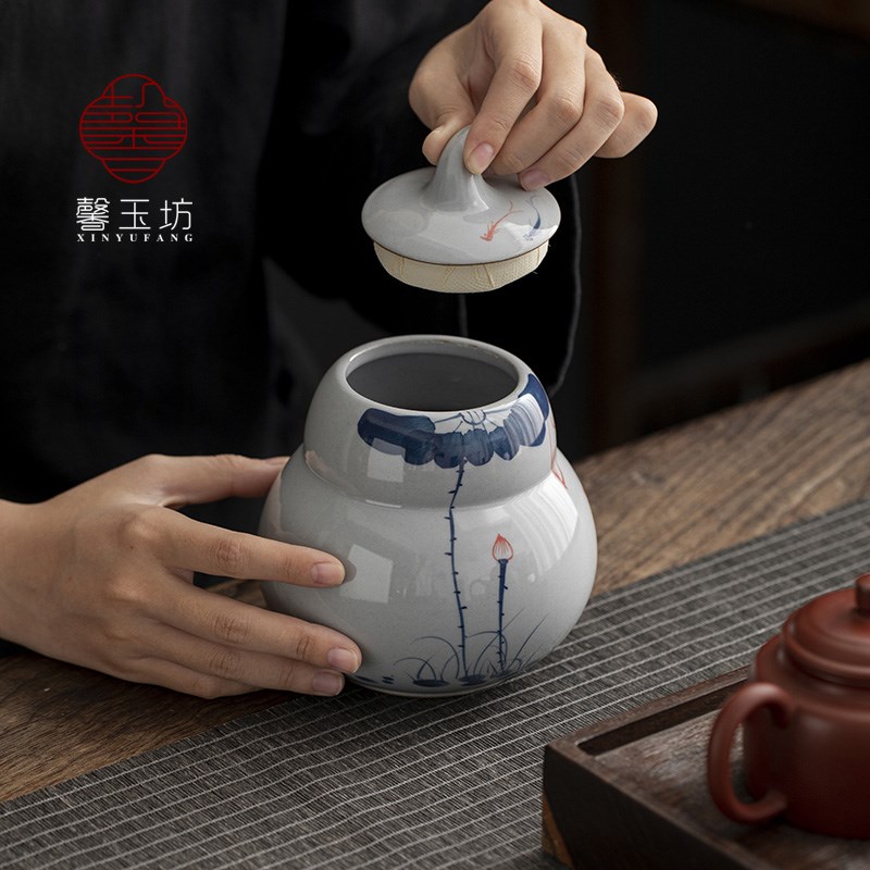手绘荷花茶叶罐陶瓷葫芦茶罐密封罐家用高端散茶存茶空罐茶叶包装
