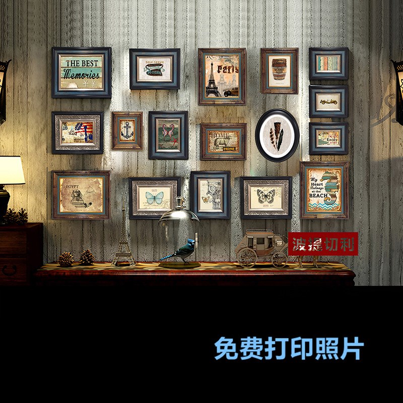 复古照片墙实木相框墙组合客厅免打孔装饰画挂墙美式做旧背景墙