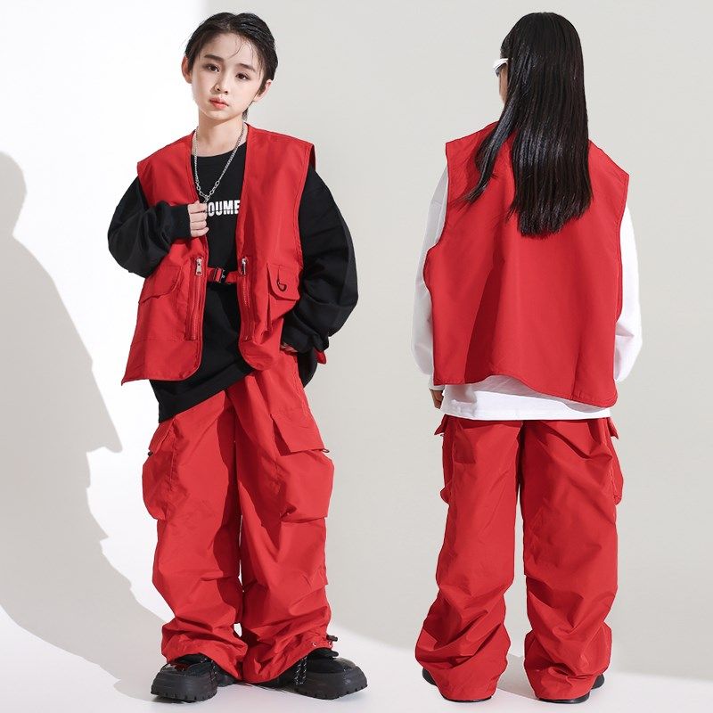 儿童街舞演出服马甲套装红色喜庆元旦表演服酷帅架子鼓男女童走秀