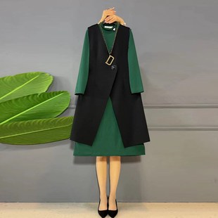 女装 秋季 马甲打底连衣裙两件套胖妹妹加大码 洋气西装 新品 气质套装