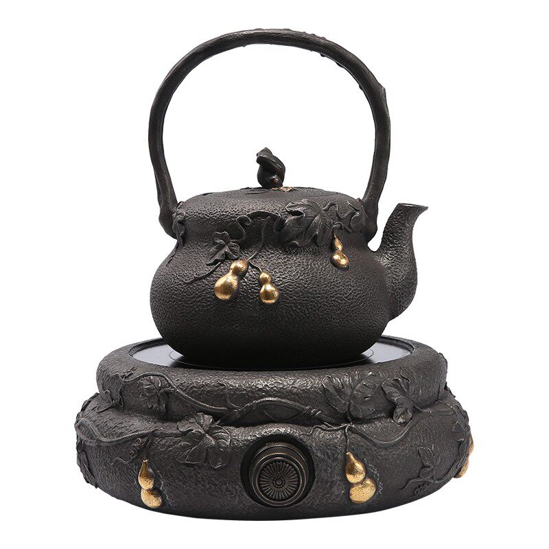 铸铁鎏金电陶炉茶炉迷你圆形小型功夫茶煮茶器铁壶铜壶烧水炉套装