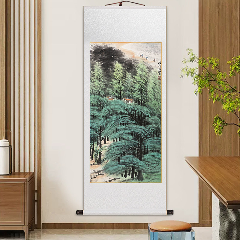 名家关山月山水画玄关画客厅书房装饰画秋溪放筏图新中式卷轴画