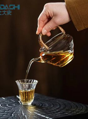 北大史轻奢绿茶泡茶器复古藤编提梁玻璃公道杯家用耐热日式泡茶壶