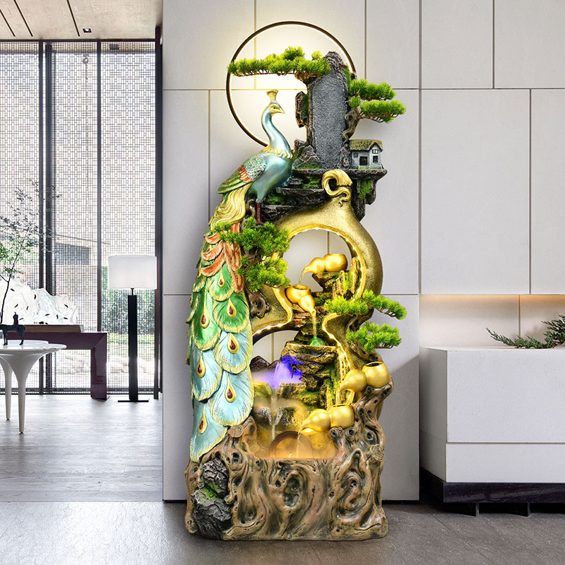 新中式流水景观摆件室内装饰孔雀寓意富贵吉祥开业送礼品免费刻字