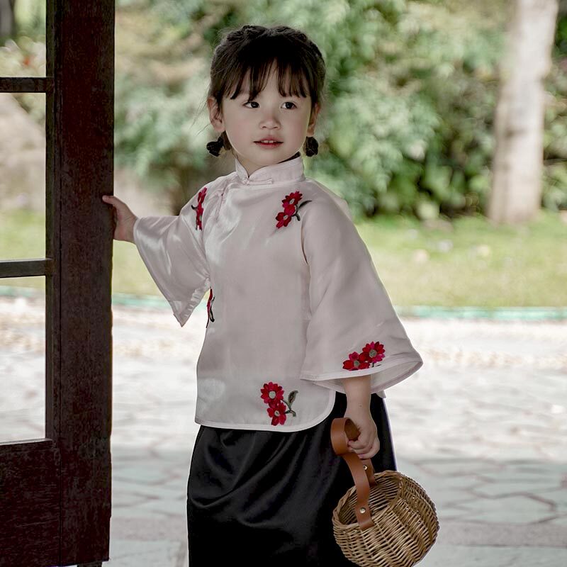 女童春夏装民国风儿童旗袍盘扣粉色上衣套装表演服唐装古法倒大袖