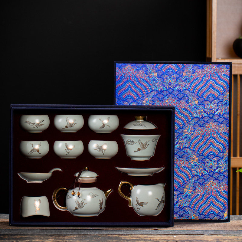 汝窑描金仙鹤功夫茶具中式国潮茶壶茶杯盖碗套装汝道高档汝瓷礼品