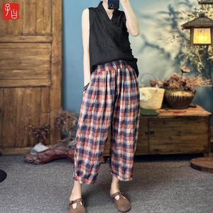 子曰文艺棉料水洗格纹阔腿裤宽松舒适薄款家居休闲大码防蚊九分裤