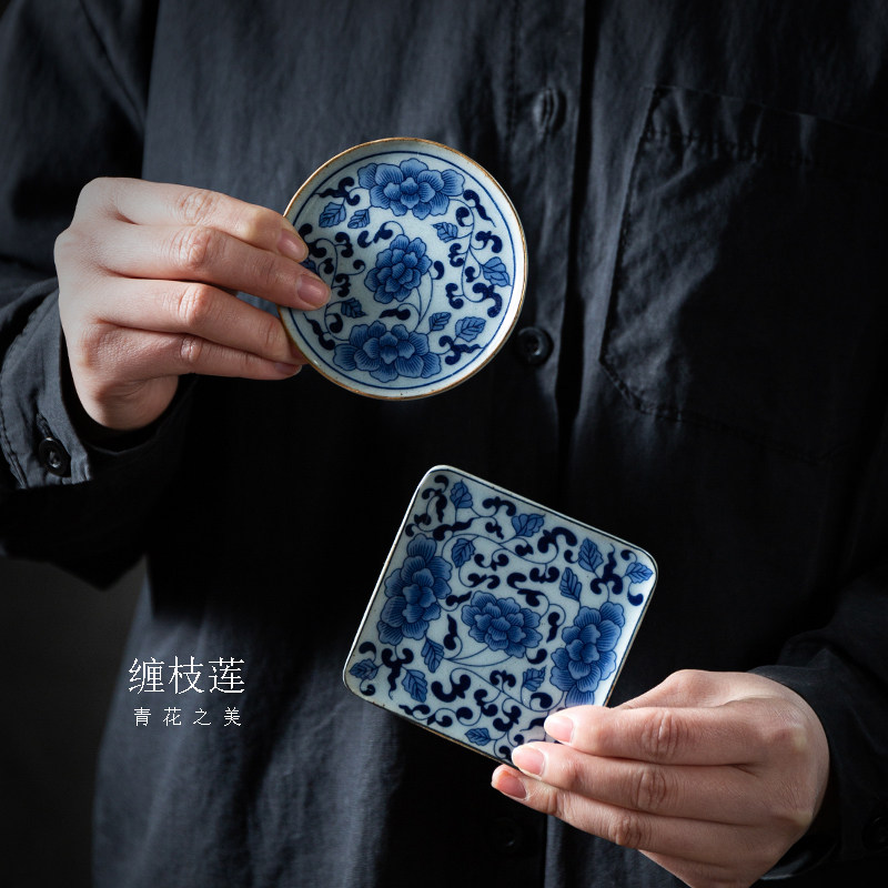 缠枝莲杯垫 青花瓷隔热茶托中式陶瓷功夫茶具茶垫茶道小碟子配件
