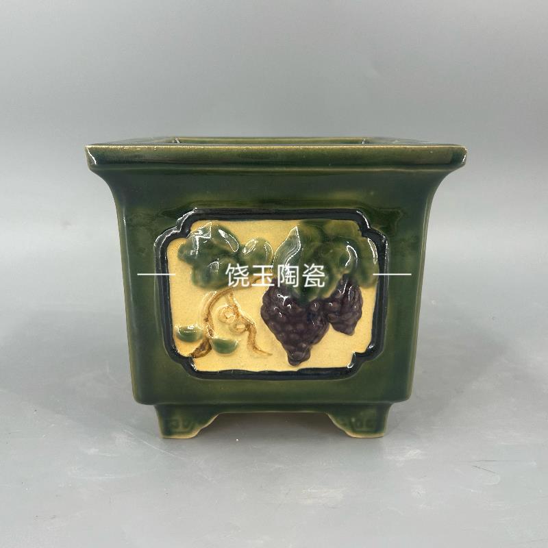 岭南石湾盆手工贴花兰花花盆陶瓷新中式岭南园林盆景四方盆