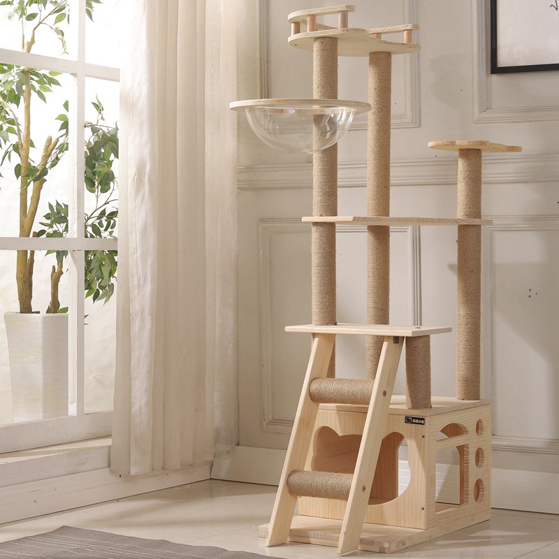 松木全实木大型猫爬架双窝一体别墅黄剑麻柱太空舱多层可放猫砂盆图片