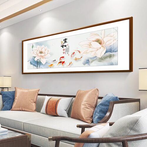 新中式客厅装饰画沙发背景墙挂画横幅荷花九鱼图卧室床头手绘壁画