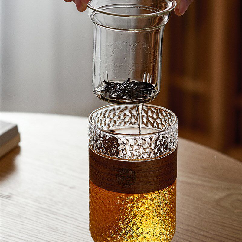 玻璃泡茶杯 办公室水杯 耐热锤条纹花茶红茶木盖过滤茶杯个人专用