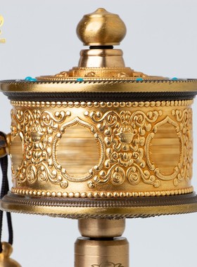 慧宝精工铜制转金简手摇金转筒檀木手柄桌面摆件藏族转金桶小号