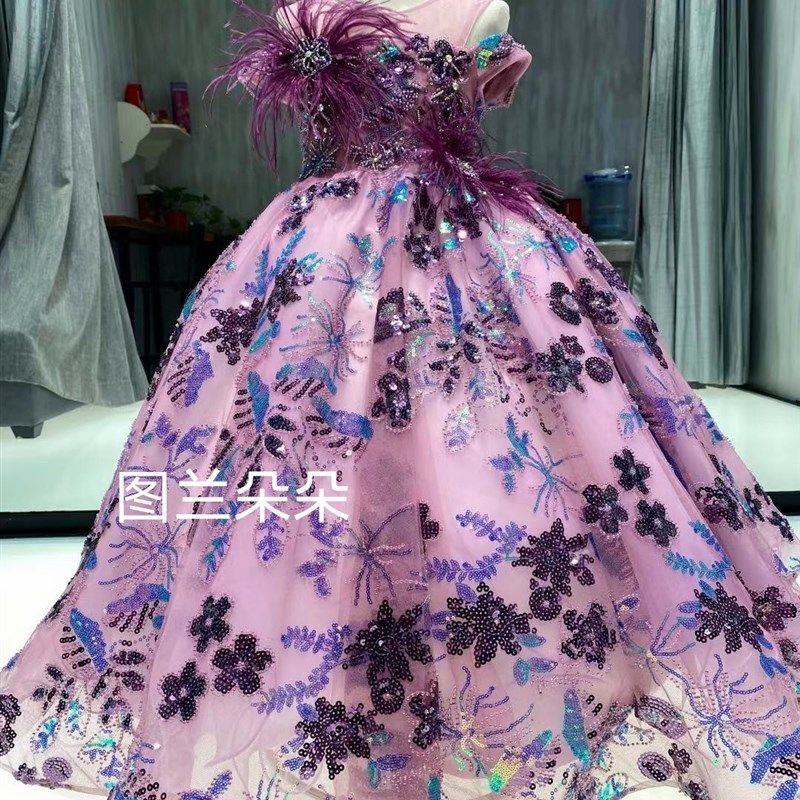 新款紫色高端可拆卸女童礼服公主裙模特走秀钢琴演出唱歌主持生日