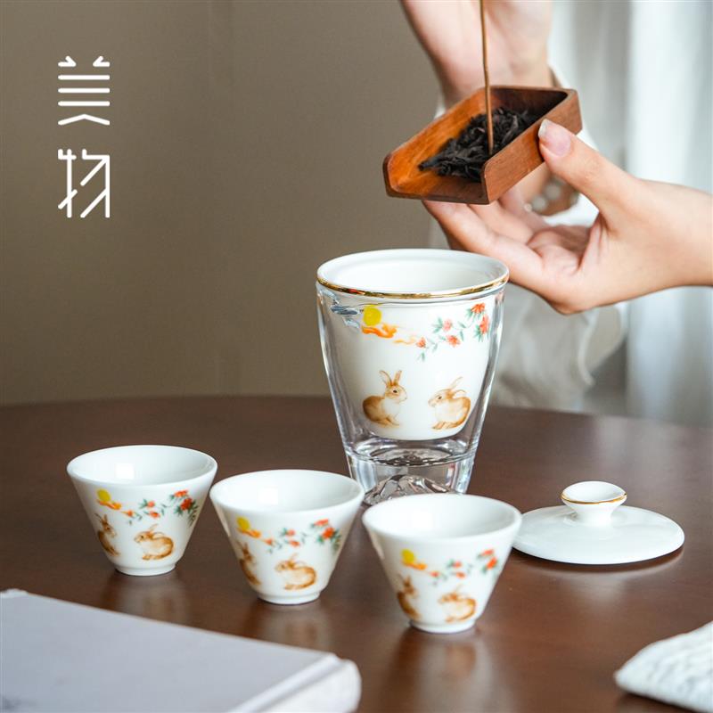 望月兔子玻璃旅行茶具便携户外旅游泡快客杯一壶三杯露营茶壶茶杯