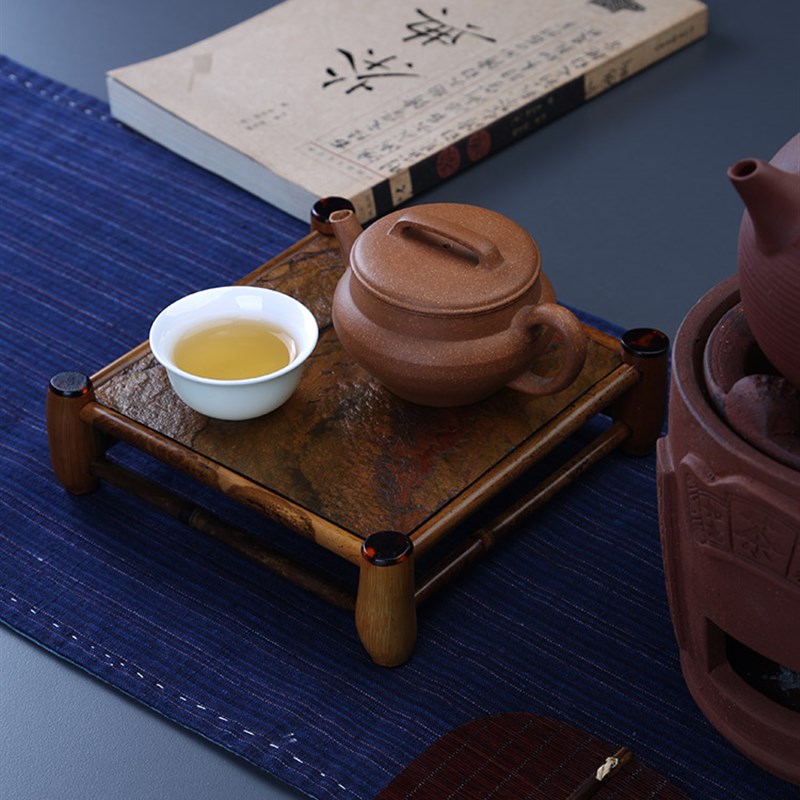 中式大漆板岩竹茶盘托盘干泡茶台禅意茶托盘竹制家用壶托复古单层