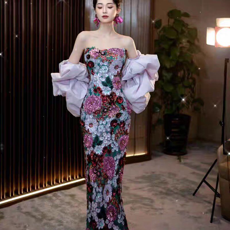 鱼尾晚礼服2024新款轻奢小众高端晨袍敬酒服新娘紫色宴会礼服裙女
