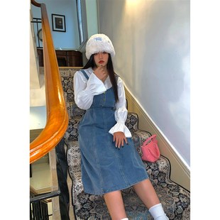 楠哥微胖牛仔连衣裙女秋冬季 胖mm收腰街头显瘦吊带背带长裙子 大码