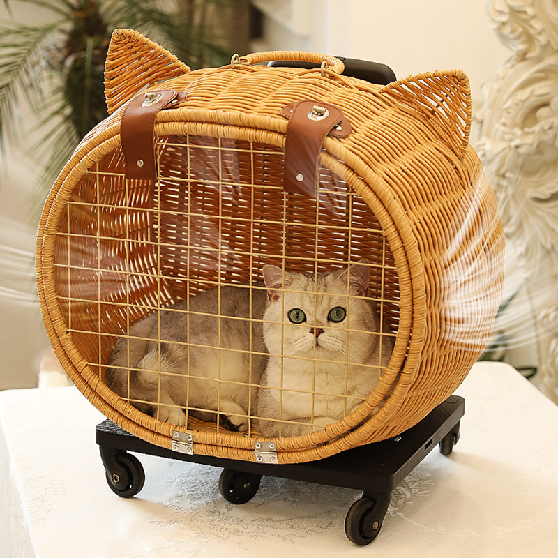 猫包拉杆箱大空间外出猫咪小推车藤编透气高档猫咪背包安全溜猫箱