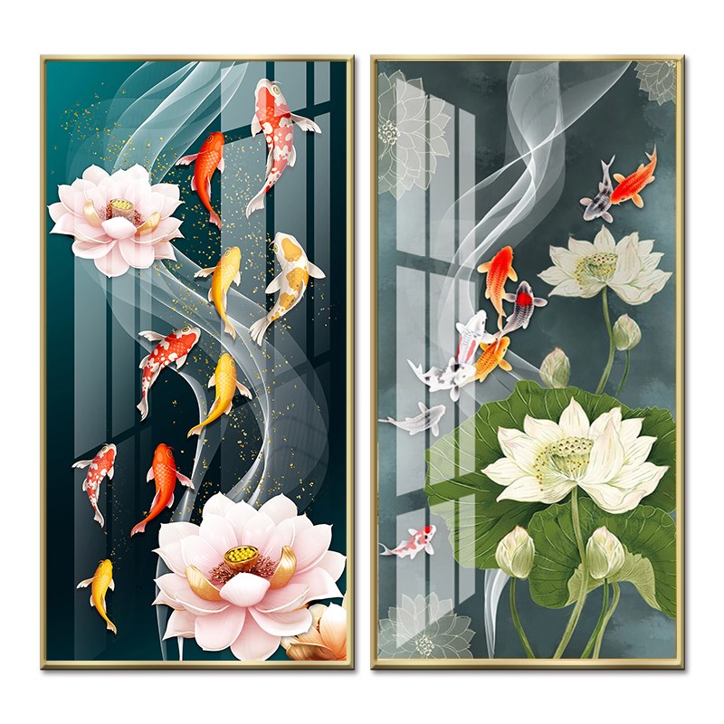 九鱼图玄关装饰画入户镇宅招财轻奢荷花高端过道晶瓷镶钻走廊竖版