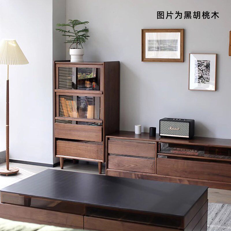 黑胡桃木全实木客厅电视柜旁边的边柜立柜高端沙发吧台侧边柜高款