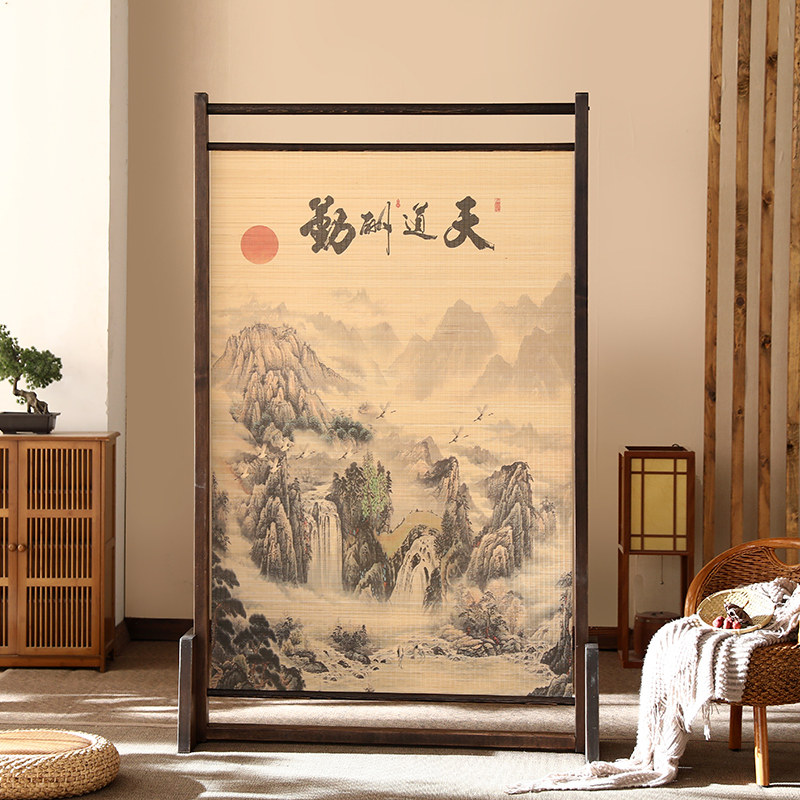 新中式实木屏风隔断玄关简约茶室复古民俗竹帘室内座屏遮挡办公室