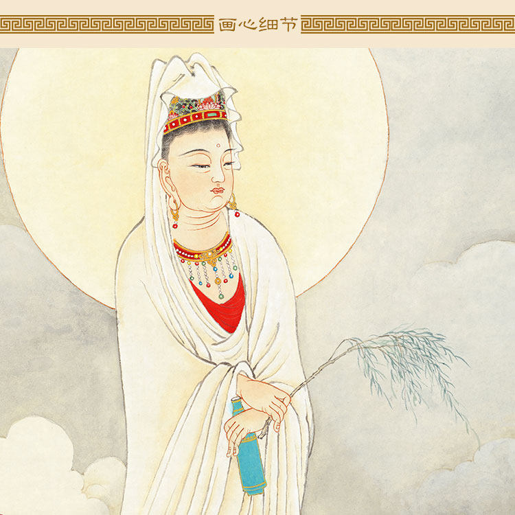 一叶观音图 莲花花瓣云中杨枝观世音菩萨画像装饰画 丝绸卷轴挂画