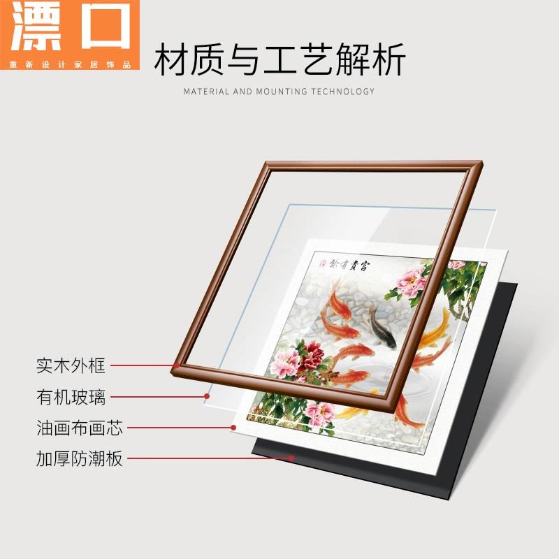 牡丹九鱼图玄关装饰画进门墙挂画客厅壁画聚财卧室中式餐厅方形画