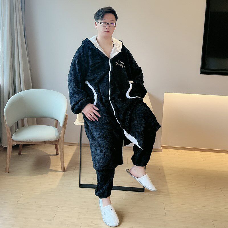 珊瑚绒男士睡衣秋冬季加绒加厚冬天简约睡袍男生法兰绒浴袍家居服