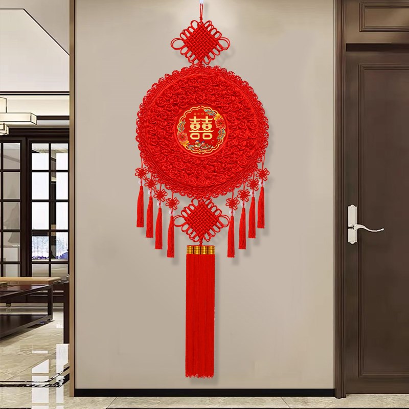 新款中国结喜字结婚挂件客厅大号玄关同心结桃木喜庆背景墙装挂饰