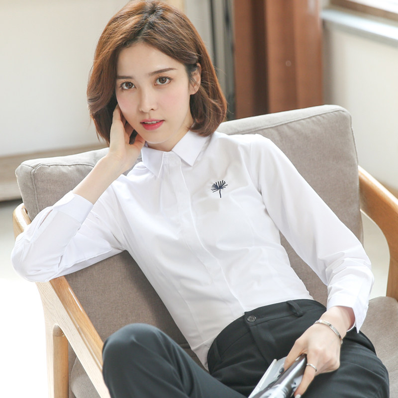 白衬衫女长袖春秋2021新款职业装工作服工装绣花正装女士白色衬衣