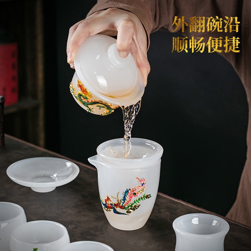 金镶玉琉璃茶具套装白玉冰种功夫茶杯家用盖碗高端泡茶办公室礼盒