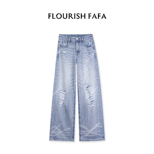 FLOURISH FAFA【简洞】 无弹水洗破洞小阔腿直筒拖地牛仔裤