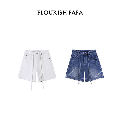 FLOURISH FAFA【小直】 微弹夏季宽脚边带绳设计三分牛仔短裤Y