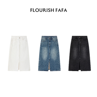 FLOURISH FAFA休闲高腰百搭夏季气质显瘦开叉时尚牛仔长裙