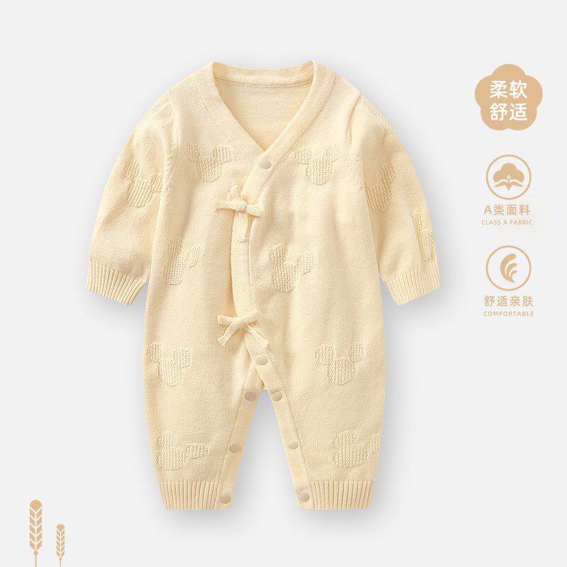 婴儿衣服春秋连体衣新生儿毛衣套装初生宝宝纱衣针织手工系带和服