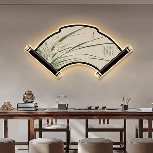 扇形装饰画新中式茶室挂画茶楼禅意客厅沙发背景墙书房壁画兰花
